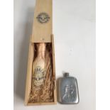 Whitbread celebration ale in wooden box also with a silver plated boxing related hip flask.