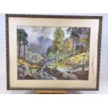 A large gouache landscape painting of a continental mountain scene, signed N.Adees 1919. Image