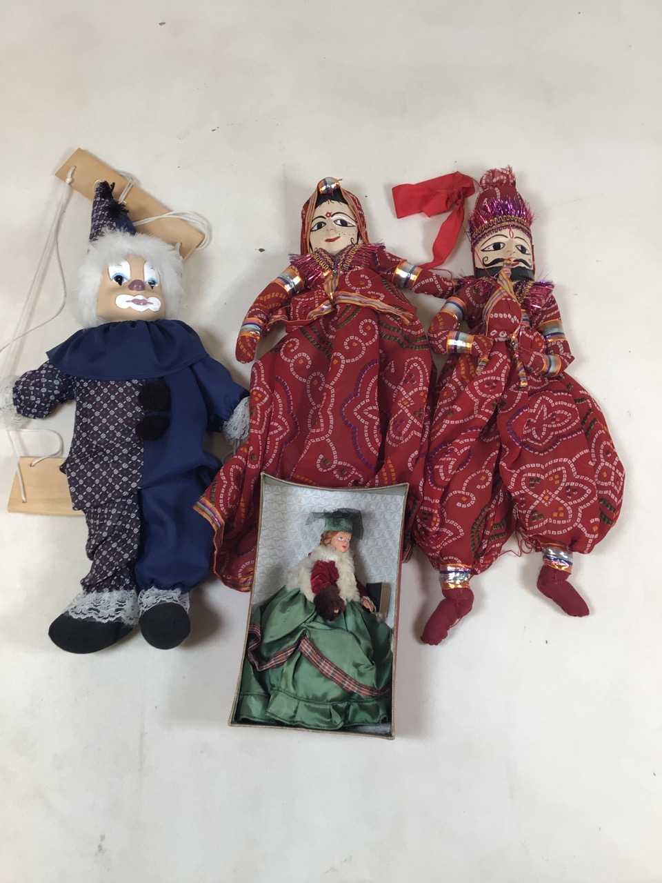 A collection of dolls and a puppet to include a Peggy Nisbet doll English Historical costumes H/