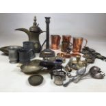 A large selection of metal ware, brass, pewter and white metal.