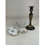 A decorative candlestick Galway lead Crystal bowl and ceramics by Minton. Candlestick H: 32cm.
