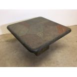 Paul Kingma, a 1990s brutalist slate coffee table with metal inlay. W:70cm x D:70cm x H:40cm