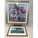 Two large framed prints, still life vase of flowers by V.Chuikov also with a signed aviation print.