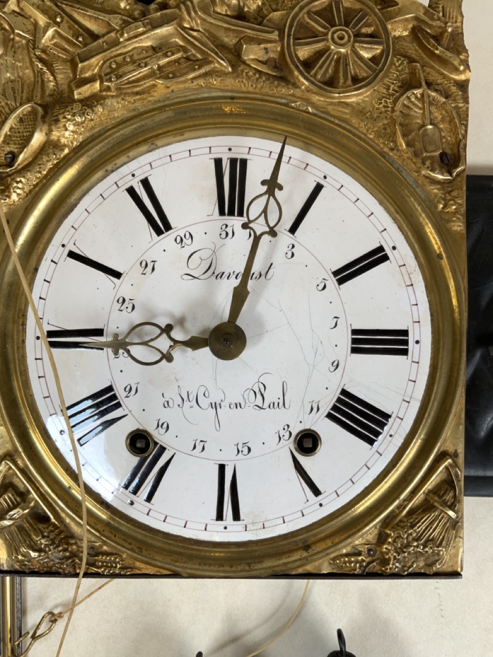 A 19th century French gilt wall clock with enamelled dial signed St Cyr en Lail. With weights, - Image 3 of 9