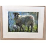 A signed limited edition print by J Bartholmew of ram with lamb originally drawn in chalk or pastel.