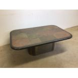 Paul Kingma, a 1990s brutalist slate coffee table with metal inlay. Signed to top. Kingma.