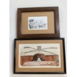 Two framed original cartoons in watercolour and pen. Largest image W:18cm x H:10cm