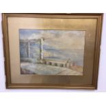 An Italian watercolour of the Amalfi coast line. Initialled M.E.B. Size including frame W:54cm x