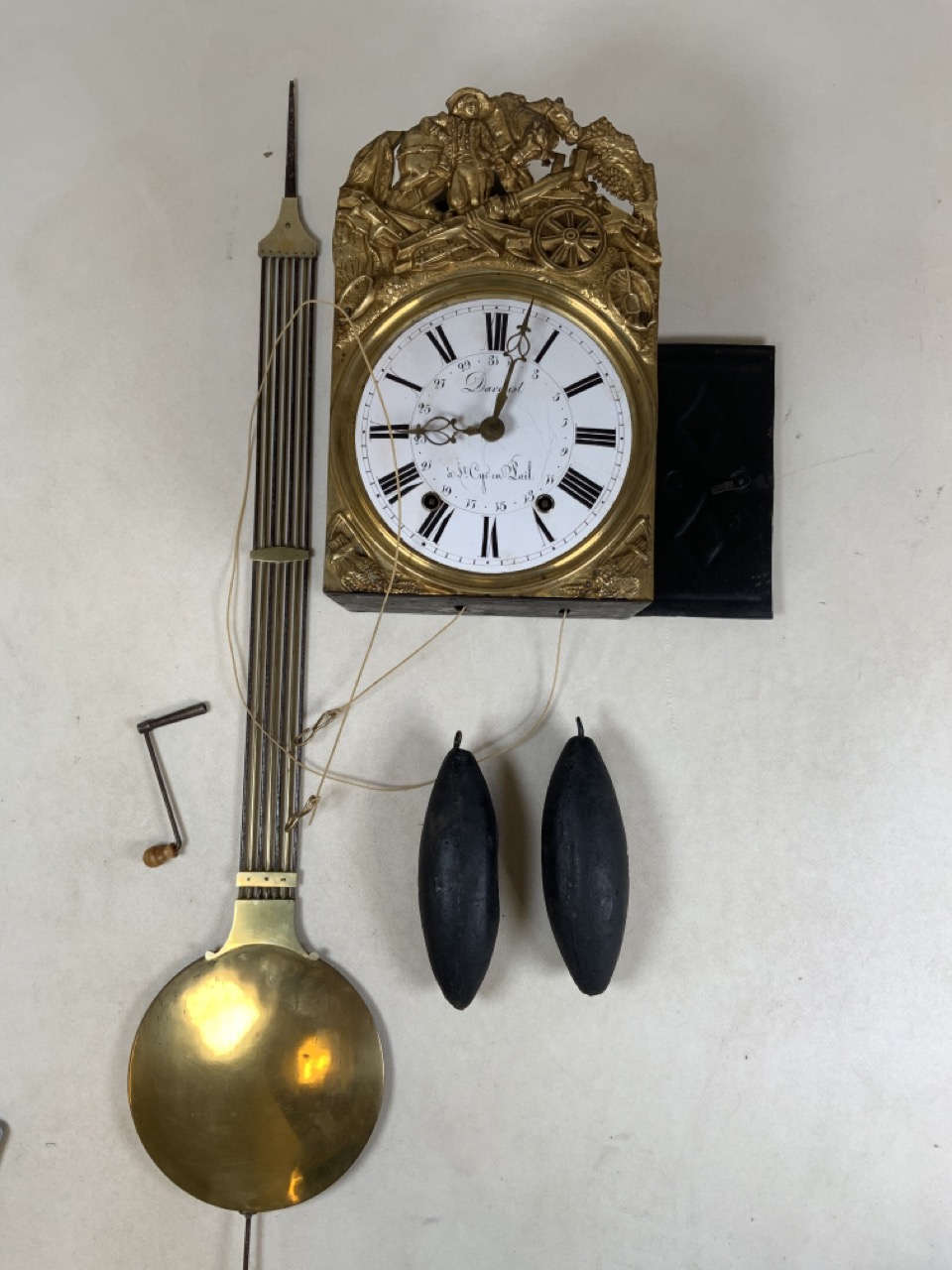 A 19th century French gilt wall clock with enamelled dial signed St Cyr en Lail. With weights, - Image 2 of 9