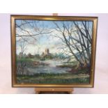DENYS GARLE. Oil on board of Christchurch priory and river scape with boats. W:65cm x H:56cm
