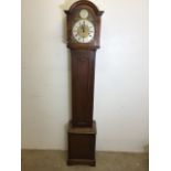 An English oak cased grandmother clock, Arched dial with gilt decoration and spandrels 'Tempus
