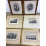 Four coloured etchings of landscapes in gilt frames also with two lightly coloured portraits.