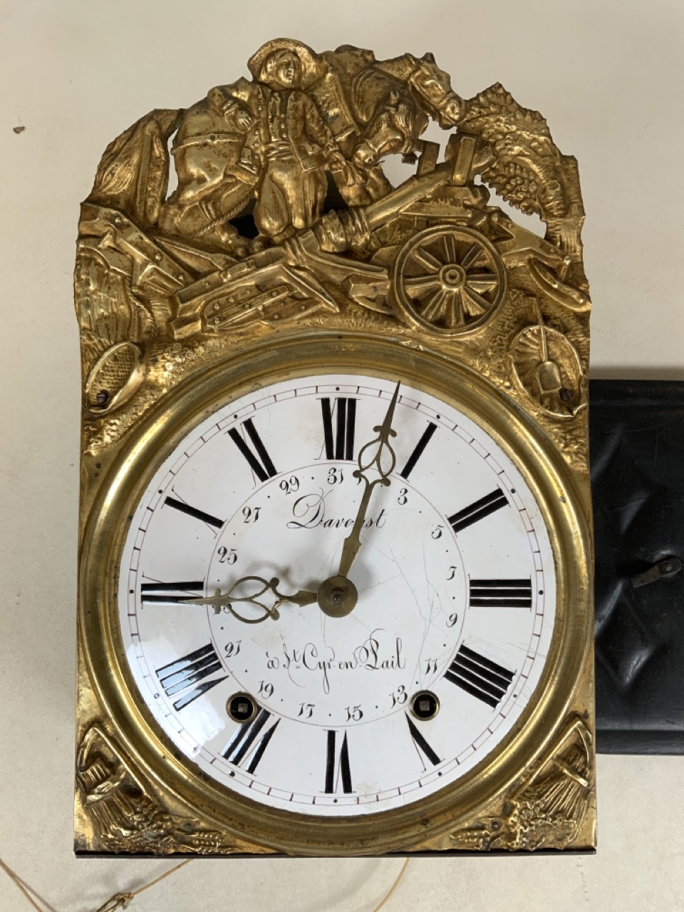 A 19th century French gilt wall clock with enamelled dial signed St Cyr en Lail. With weights, - Image 4 of 9