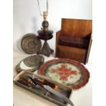 Vintage lot. Cranberry lamp with metal base, letter rack, tray , mirror, metal tin and a carving