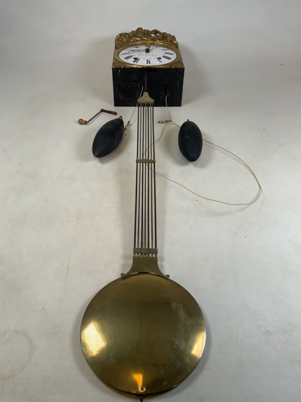 A 19th century French gilt wall clock with enamelled dial signed St Cyr en Lail. With weights, - Image 7 of 9