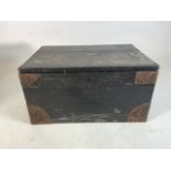 A late 19th to early 20th century tool box, metal bound corners with metal handles. W:50cm x D: