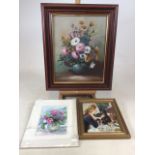 A modern floral oil on canvas signed Aurora, a watercolour vase of flowers by John Mercer also