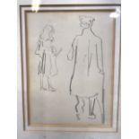 Dame Laura Knight RA RWS (British 1877-1970). Pencil sketch of two figures in glazed frame. Monogram