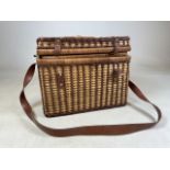 A wicker picnic basket with contents. W:42cm x D:29cm x H:32cm