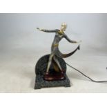 An Art Deco style lamp with a figurine on a marble base W:27cm x D:17cm x H:37cm