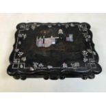 A lacquer mother of pearl in laid jewellery box. W:34cm x D:24.5cm x H:7.8cm