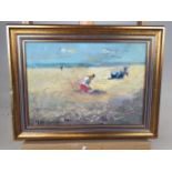 An oil on canvas of figures on the beach in distinctly signed.W:30cm x H:21cm