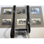 Black and white military related photographs also with two leather scout belts.W:15cm x H: