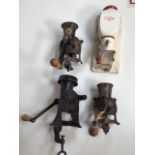 Four wall mounted vintage coffee grinders to include three Spong cast iron grinders and a De Ve