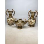 A pair of antique 19th century Victorian twin handled baluster from vases with hand painted panels