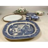 A collection of blue and white ceramics including a large willow pattern platter (some damage)