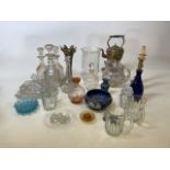 A mixed collection of glass, metal wear and ceramics. To include a brass kettle and a pair of