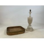 A vintage marble lamp together with a metal trim,med wicker tray H:45cm height of lamp base W:37cm x