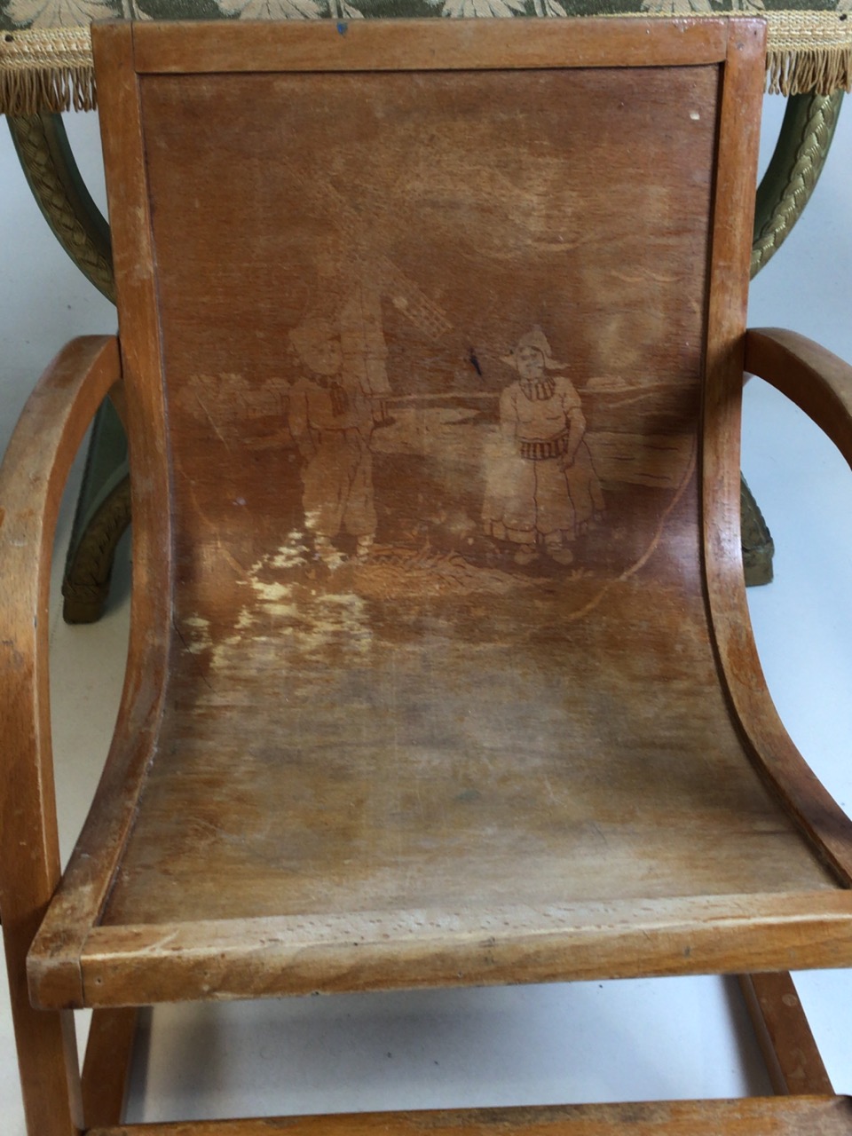 A Lloyd loom Lusty laundry basket also with a metal framed Lloyd loom style chair a bent wood childs - Image 6 of 6