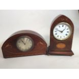 Two Edwardian inlaid mahogany mantle clocks. W:26cm x H:15cm. W:15 H 23cm