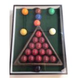 Snooker balls and triangle in a presentation case. W:40cm x D:7cm x H:52cm