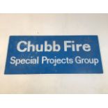 A Chubb Fire Special projects group sign on hardwood board. W:78cm x H:33cm
