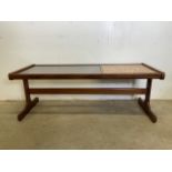 A G Plan mid century coffee table with tinted glass and tile top. W:121cm x D:49cm x H:44cm