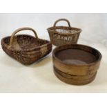 Two vintage french baskets together with a wooden sieve .Sieve W: 27cm x H: 13cm.