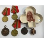 Three Russian jubilee medals and others also with a Macintyre clover shaped dish with Rudyard