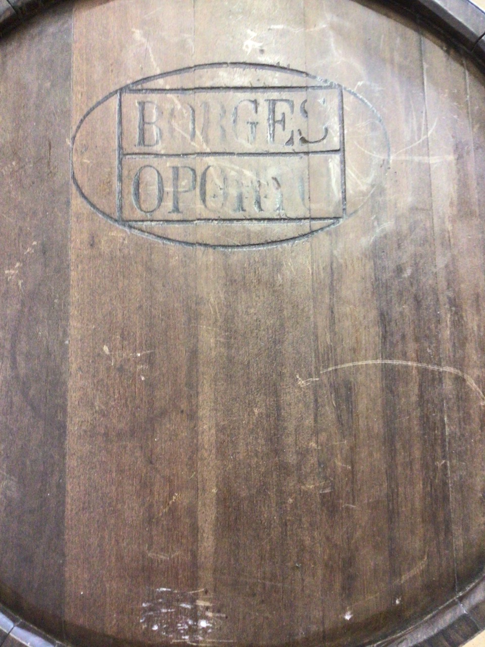 A pub table made from a wine barrel with carved card symbols. Borges Oporto stamped to top. W:65cm x - Image 4 of 5