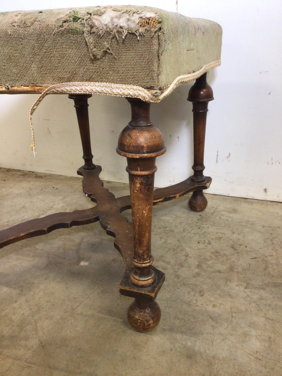 A Victorian mahogany upholstered stool with turned legs and X frame stretcher bar to base. With - Image 4 of 5