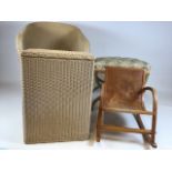 A Lloyd loom Lusty laundry basket also with a metal framed Lloyd loom style chair a bent wood childs