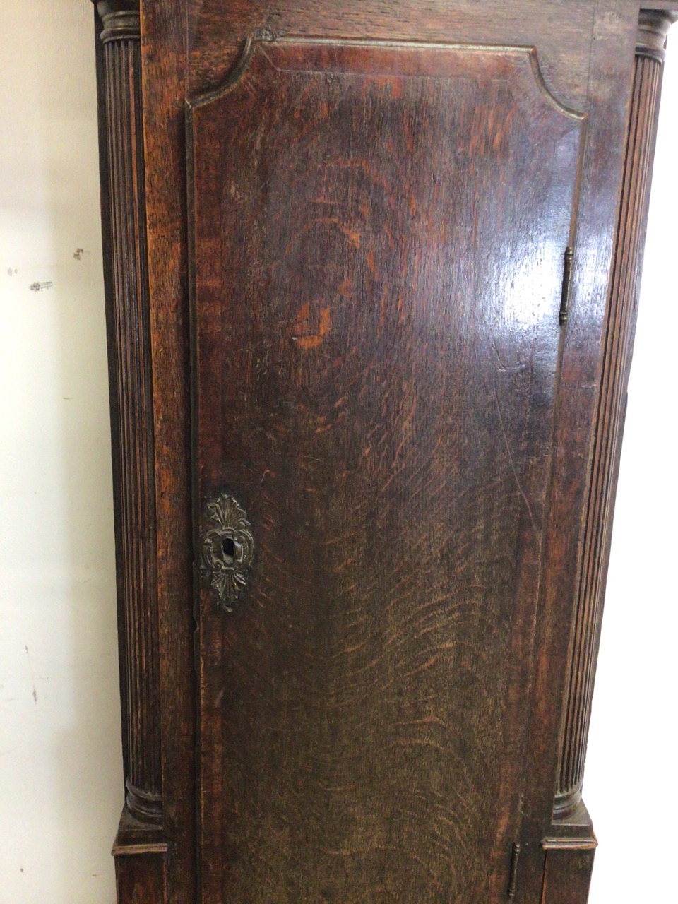 Oak cased grandfather clock with painted face, battery movement no weights or pendulum. W:52cm x D: - Image 4 of 8
