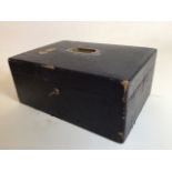A black leather jewellery box with brass handles and Brahma key. W:36cm x D:26cm x H:16cm