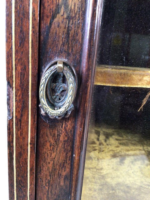 A Gillows style rosewood music cabinet with extensive inlay, glazed door to material lined - Image 7 of 12