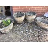 Four decorative concrete planters two circular and two oval. W:34cm x D:34cm x H:24cm