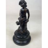 A bronze statuette of a seated girl on a wooden plinth signed to base H Moreau W:15.5cm x H:30cm