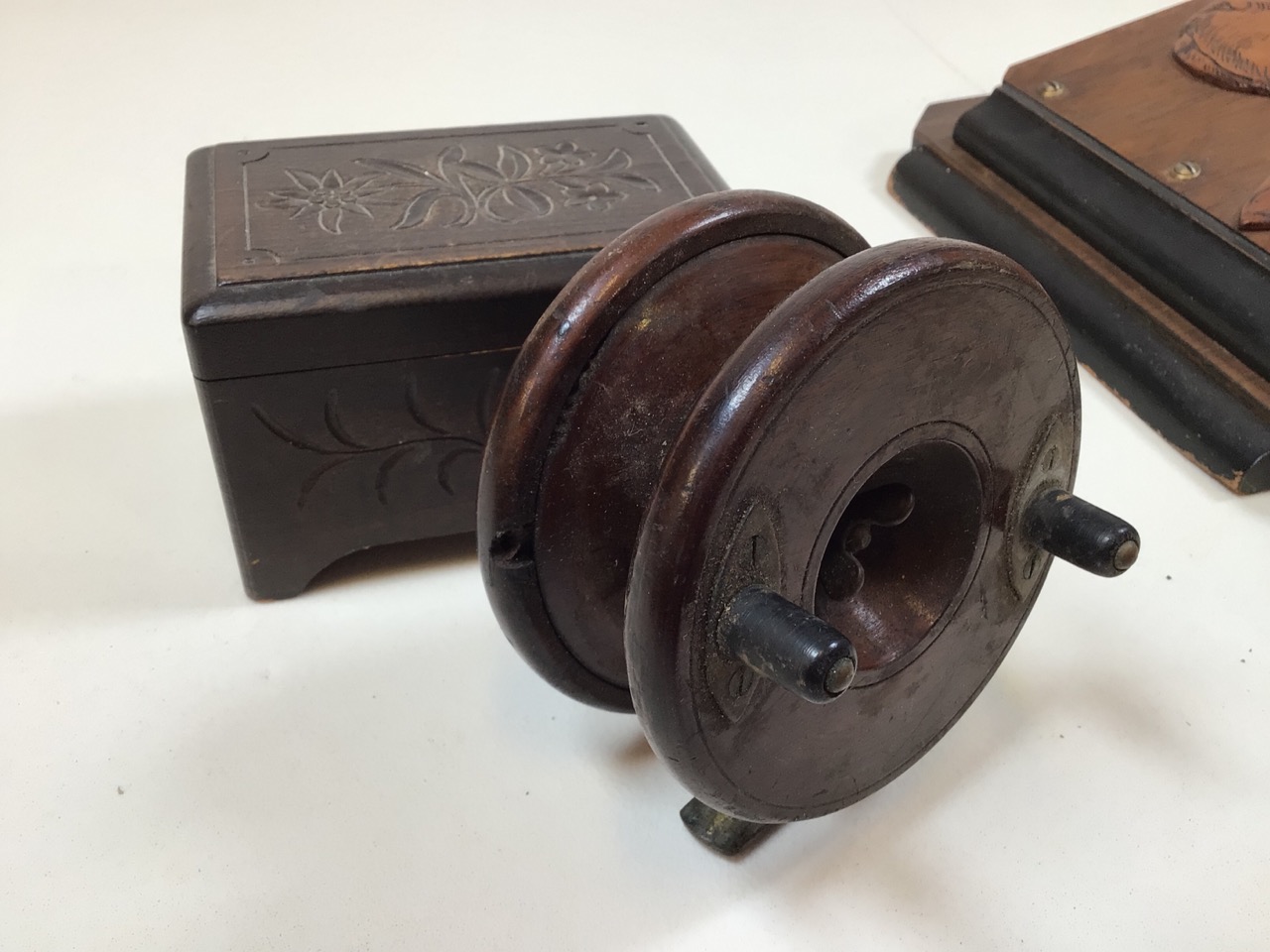 A wooden early 20th century wall hanging letter or post rack also with a wooden box and a wooden - Image 5 of 7