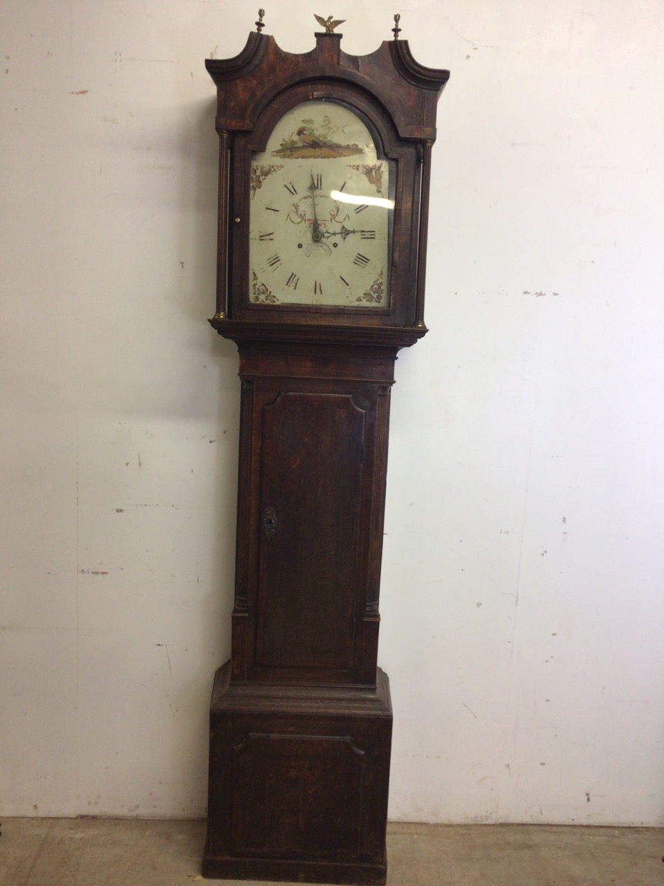 Oak cased grandfather clock with painted face, battery movement no weights or pendulum. W:52cm x D: