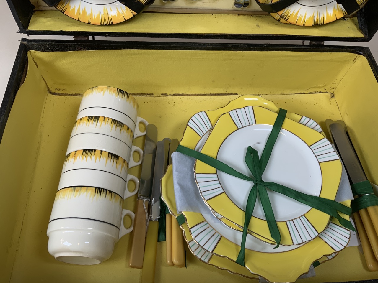 An early Brexton picnic hamper with four place settings in wooden box with yellow interior. Original - Image 4 of 6